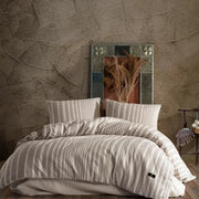 Light Brown Bedding Set with Beige Stripes-Duvet Cover-Globaltex Fine Linens-Queen-Brown-Beige Stripes-Urbanheer
