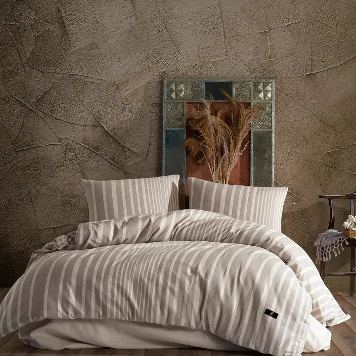 Light Brown Bedding Set with Beige Stripes-Duvet Cover-Globaltex Fine Linens-Queen-Brown-Beige Stripes-Urbanheer