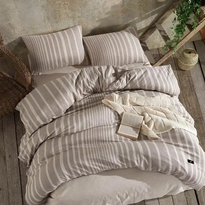 Light Brown Bedding Set with Beige Stripes-Duvet Cover-Globaltex Fine Linens-Queen-Brown-Beige Stripes-Urbanheer