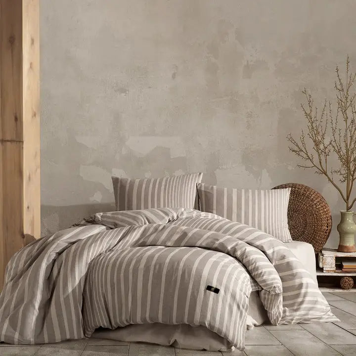 Light Brown Bedding Set with Beige Stripes-Duvet Cover-Globaltex Fine Linens-Queen-Brown-Beige Stripes-Urbanheer