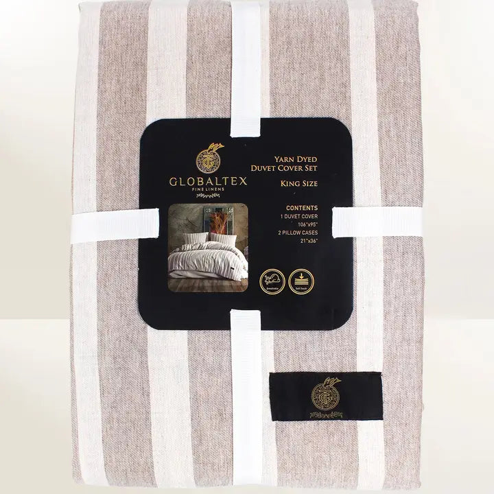 Light Brown Bedding Set with Beige Stripes-Duvet Cover-Globaltex Fine Linens-Queen-Brown-Beige Stripes-Urbanheer