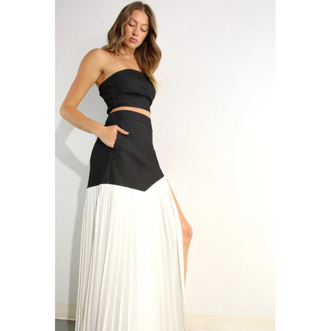 Light Denim Top and Pleated Slit Skirt Set DARK DENIM-Set-Mulla-S-LIGHT DENIM-Urbanheer