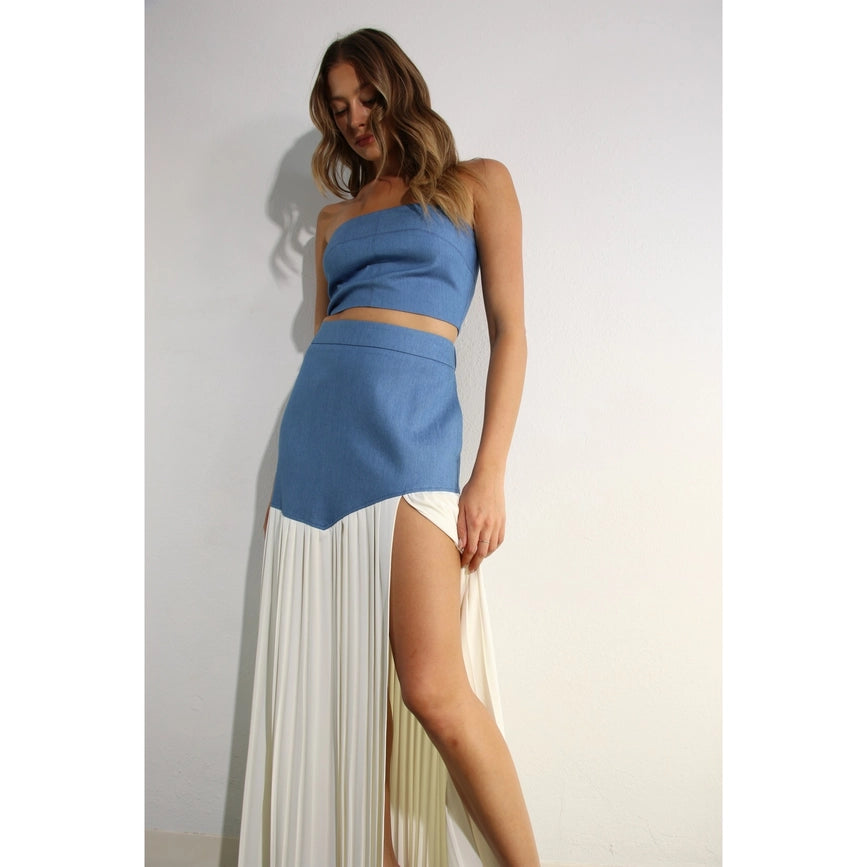 Light Denim Top and Pleated Slit Skirt Set LIGHT DENIM-Set-Mulla-S-LIGHT DENIM-Urbanheer