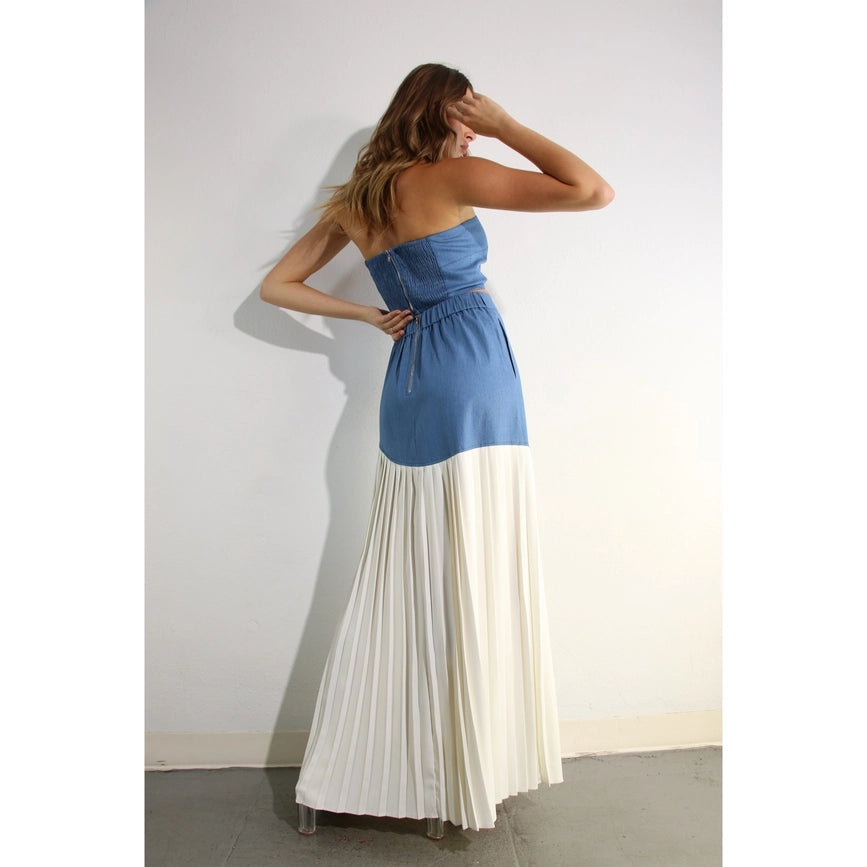 Light Denim Top and Pleated Slit Skirt Set LIGHT DENIM-Set-Mulla-S-LIGHT DENIM-Urbanheer
