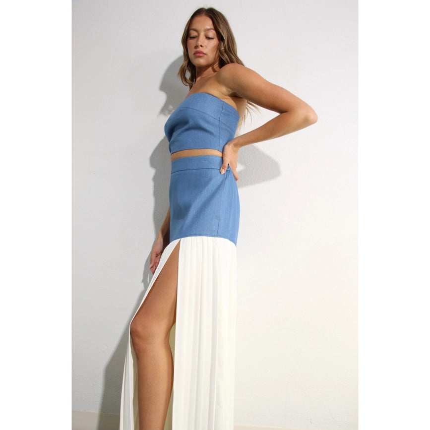 Light Denim Top and Pleated Slit Skirt Set LIGHT DENIM-Set-Mulla-S-LIGHT DENIM-Urbanheer
