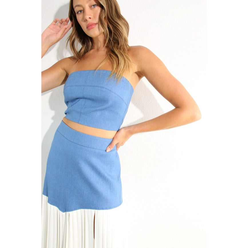 Light Denim Top and Pleated Slit Skirt Set LIGHT DENIM-Set-Mulla-S-LIGHT DENIM-Urbanheer