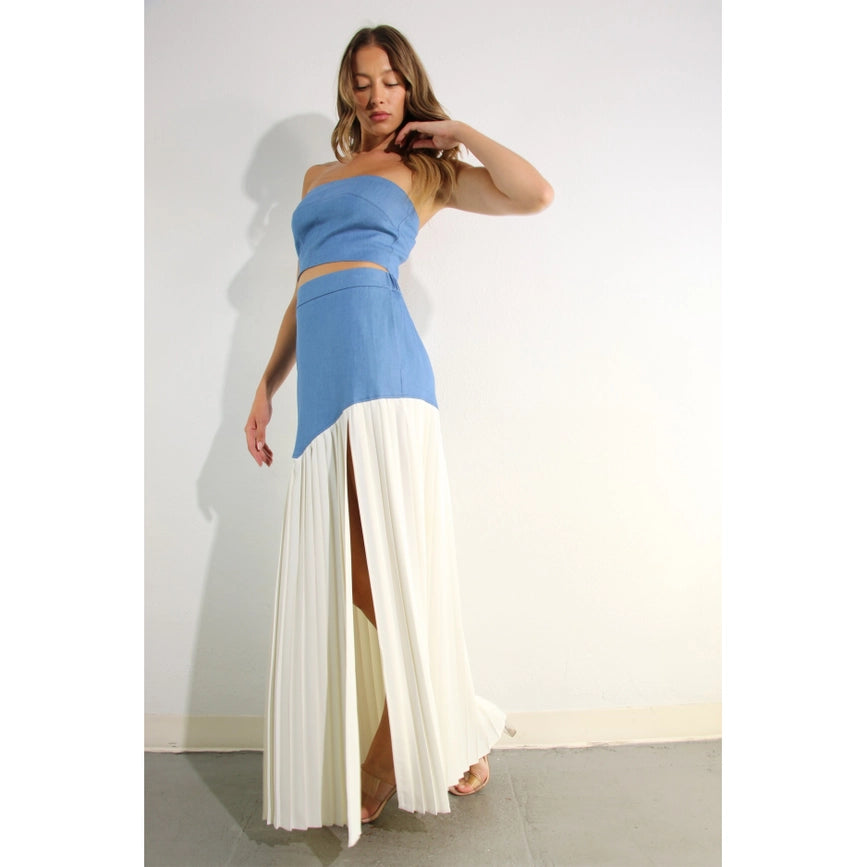 Light Denim Top and Pleated Slit Skirt Set LIGHT DENIM-Set-Mulla-S-LIGHT DENIM-Urbanheer