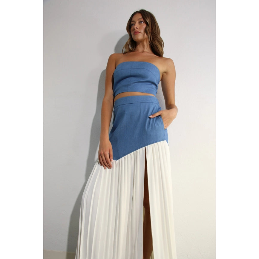 Light Denim Top and Pleated Slit Skirt Set LIGHT DENIM-Set-Mulla-S-LIGHT DENIM-Urbanheer