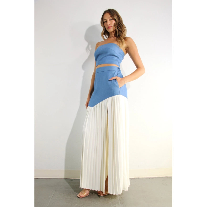 Light Denim Top and Pleated Slit Skirt Set LIGHT DENIM-Set-Mulla-S-LIGHT DENIM-Urbanheer