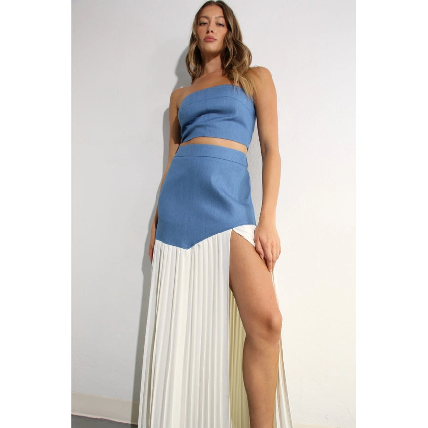 Light Denim Top and Pleated Slit Skirt Set LIGHT DENIM-Set-Mulla-S-LIGHT DENIM-Urbanheer