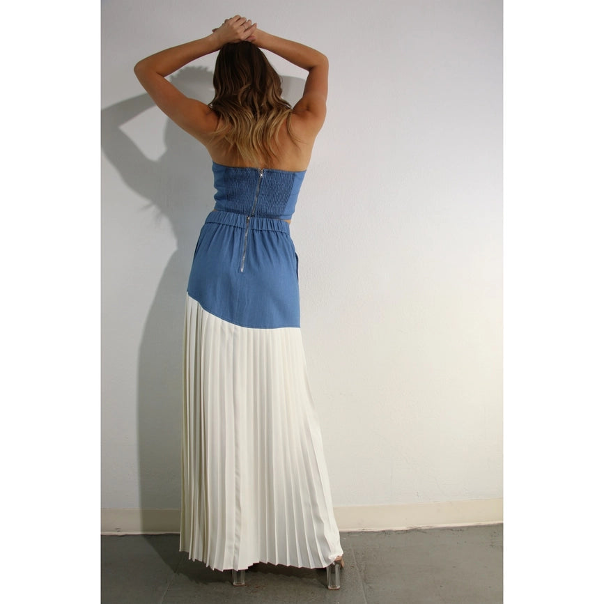 Light Denim Top and Pleated Slit Skirt Set LIGHT DENIM-Set-Mulla-S-LIGHT DENIM-Urbanheer