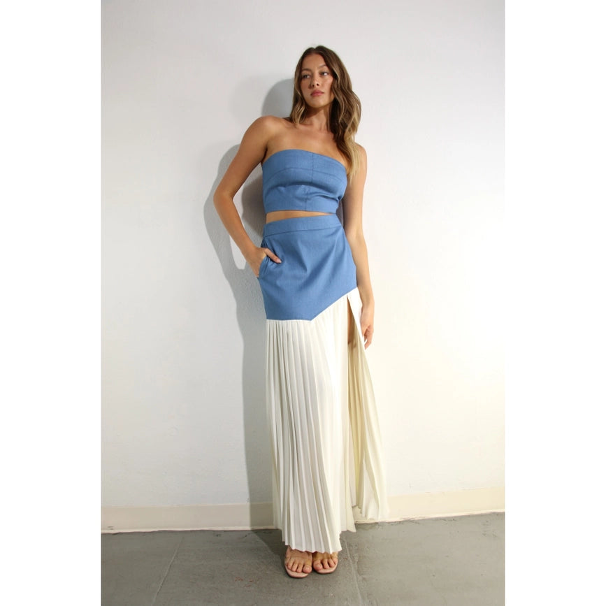 Light Denim Top and Pleated Slit Skirt Set LIGHT DENIM-Set-Mulla-S-LIGHT DENIM-Urbanheer