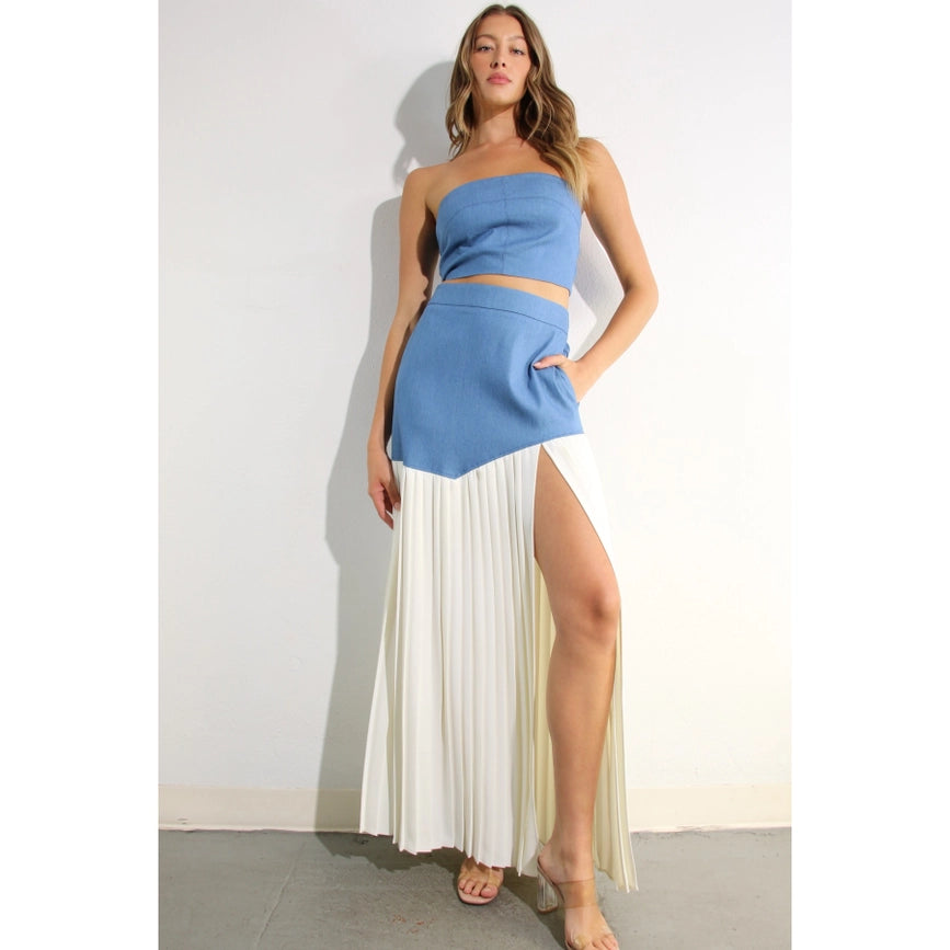 Light Denim Top and Pleated Slit Skirt Set LIGHT DENIM-Set-Mulla-S-LIGHT DENIM-Urbanheer