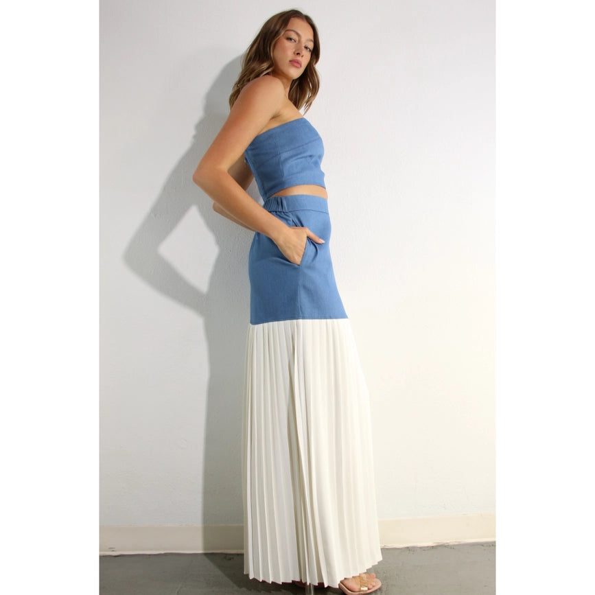 Light Denim Top and Pleated Slit Skirt Set LIGHT DENIM-Set-Mulla-S-LIGHT DENIM-Urbanheer