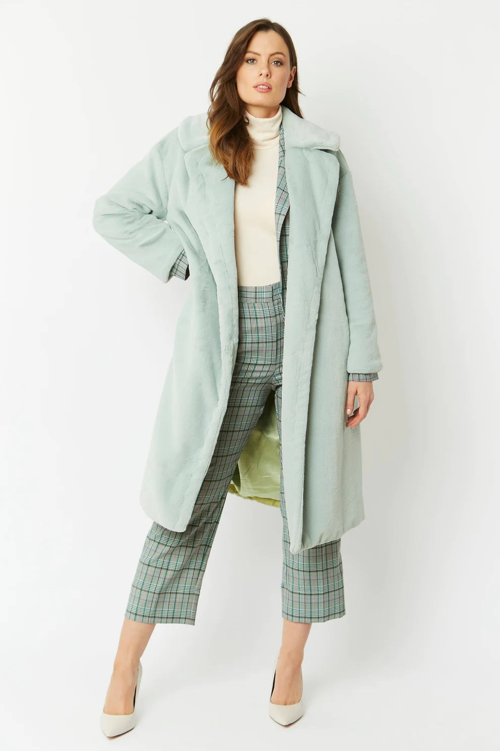 Light Green Faux Fur Midi Shaved Shearling Coat-Faux Fur Coats-Buy Me Fur Ltd-S-M-Light Green-Faux Fur-Urbanheer
