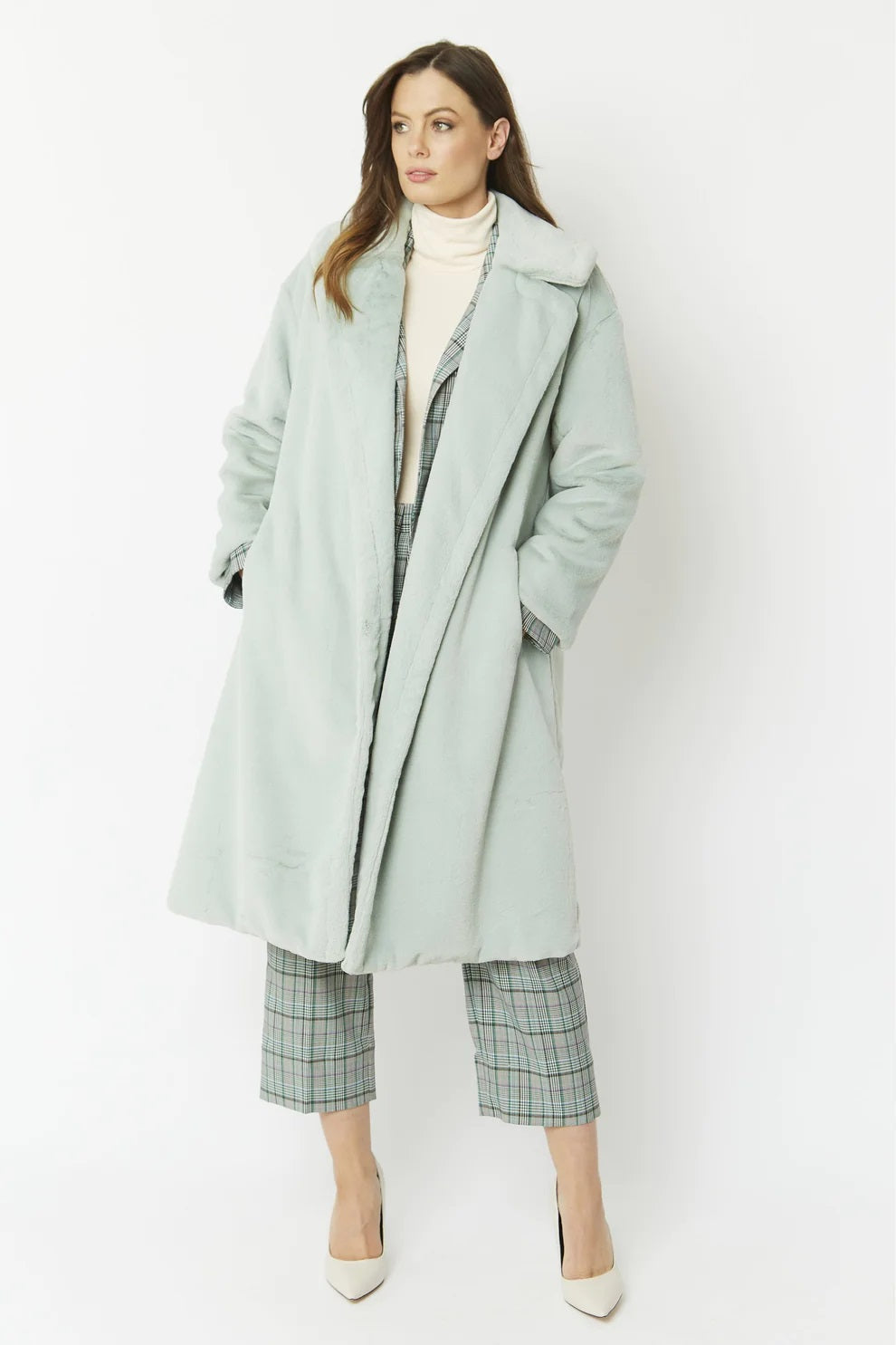 Light Green Faux Fur Midi Shaved Shearling Coat-Faux Fur Coats-Buy Me Fur Ltd-S-M-Light Green-Faux Fur-Urbanheer