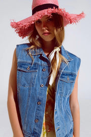 Light Wash Denim Vest With Rhinestone Detail On The Collar-Vest-Q2-M-BLUE-Urbanheer