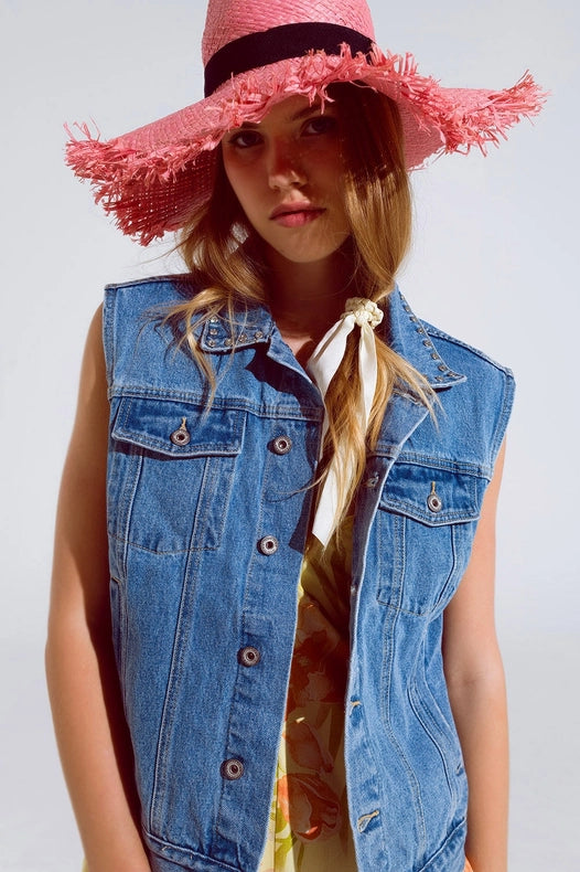 Light Wash Denim Vest With Rhinestone Detail On The Collar-Vest-Q2-M-BLUE-Urbanheer
