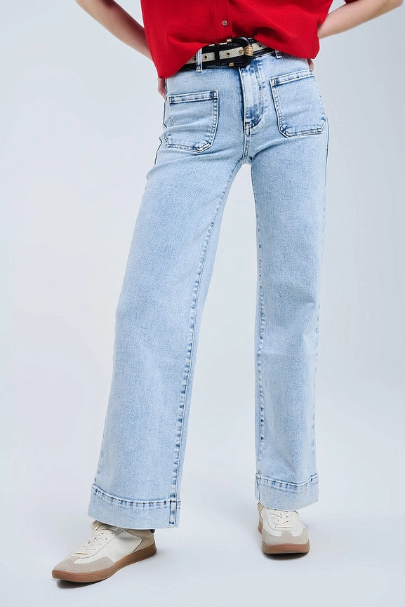 Light Wash Jeans with Wide Leg and Pockets-Jeans-Q2-XS-Blue-Urbanheer