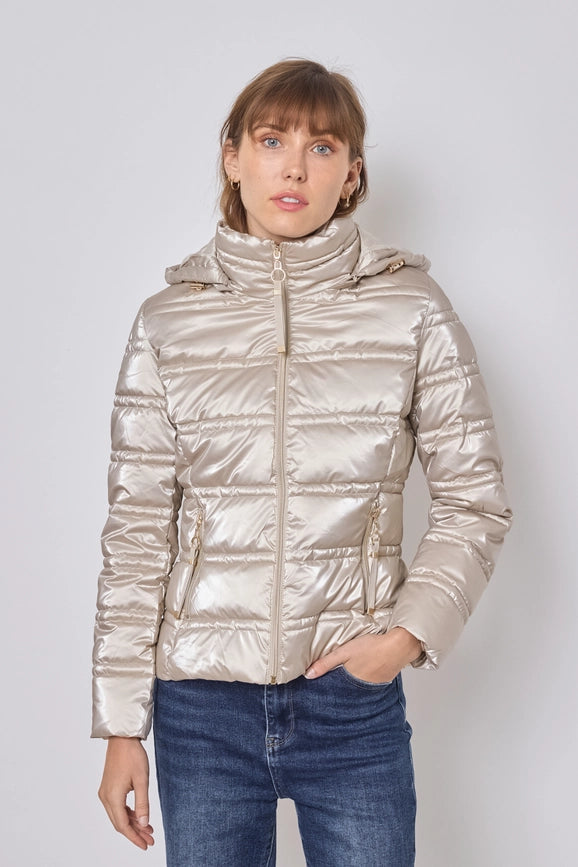 Light and Shiny Down Jacket with hood BEIGE-Puffer Jackets-Frime-S-BEIGE-Urbanheer