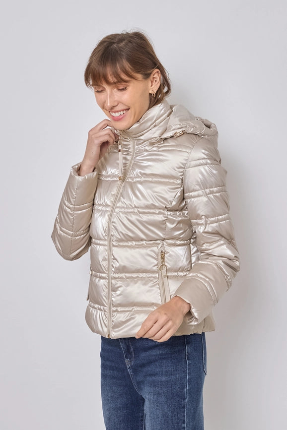Light and Shiny Down Jacket with hood BEIGE-Puffer Jackets-Frime-S-BEIGE-Urbanheer