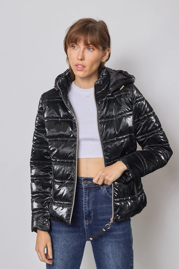 Light and Shiny Down Jacket with hood BLACK-Puffer Jackets-Frime-S-BLACK-Urbanheer