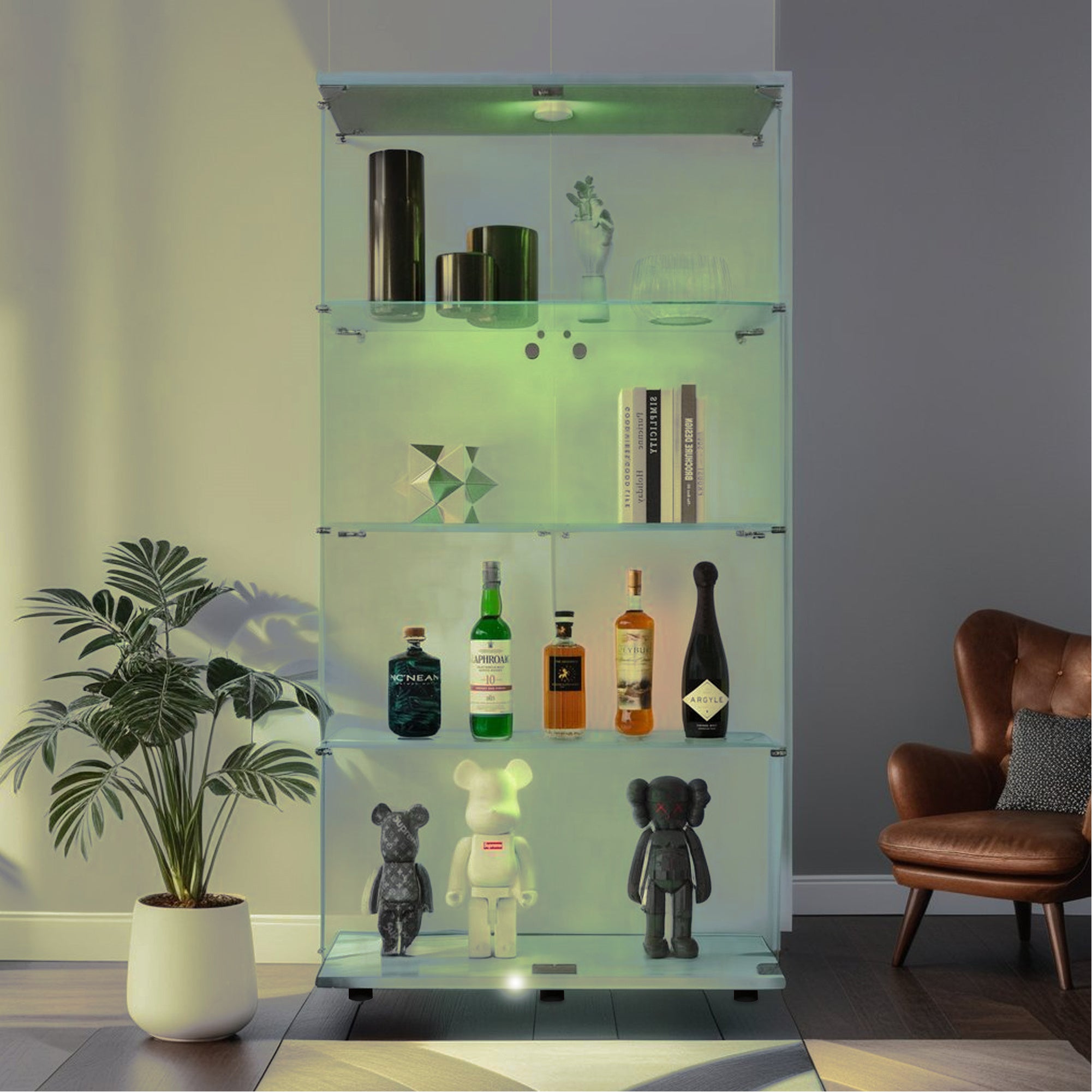 Lighted Two Door Glass Cabinet Glass Display Cabinet with 4 Shelves, White-UH Decor-Default-Urbanheer