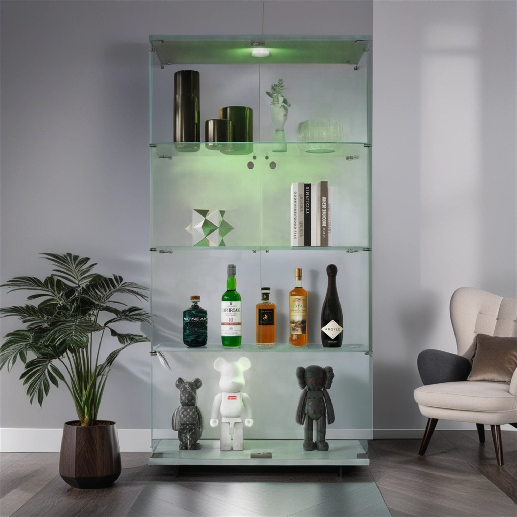 Lighted Two Door Glass Cabinet Glass Display Cabinet with 4 Shelves, White-UH Decor-Default-Urbanheer