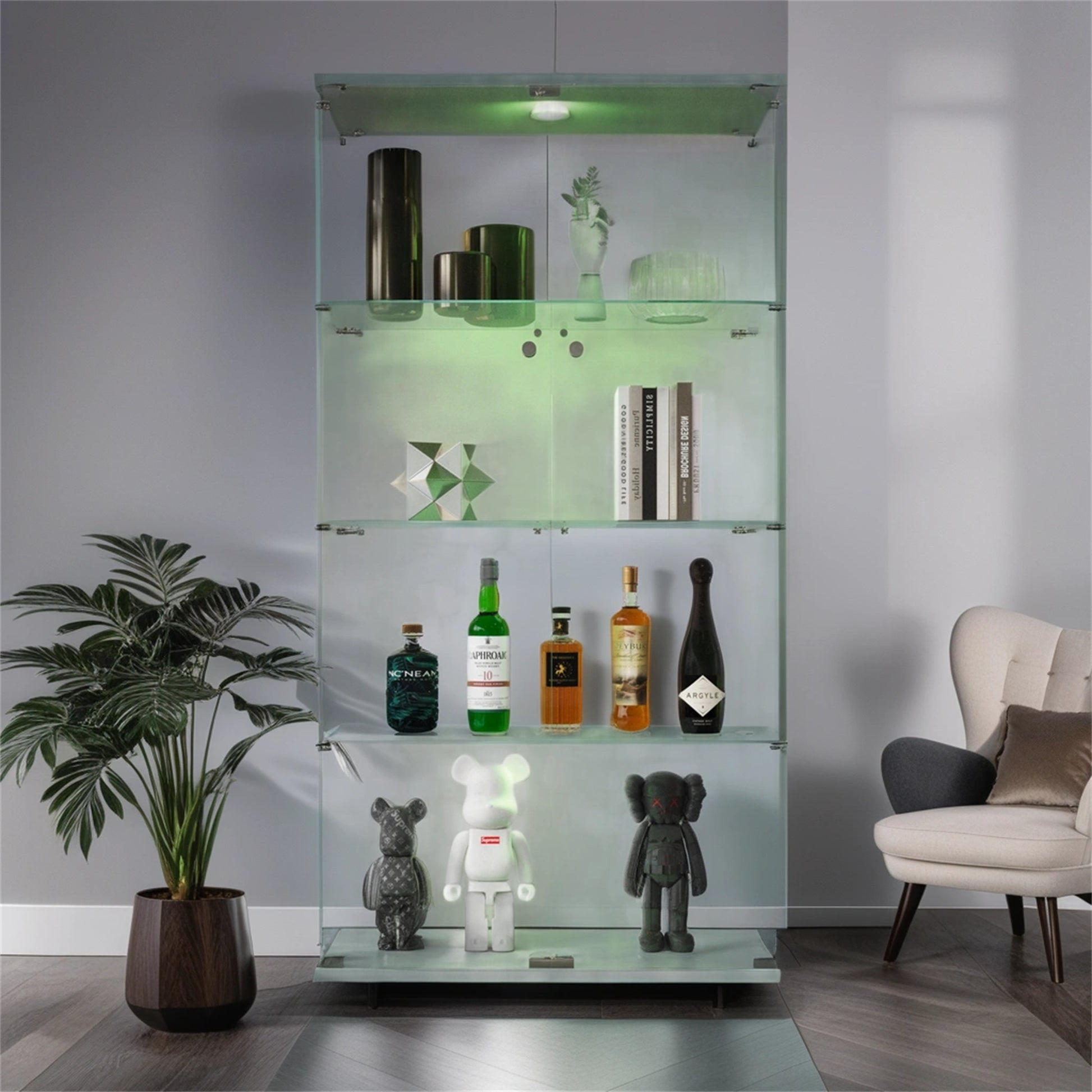 Lighted Two Door Glass Cabinet Glass Display Cabinet with 4 Shelves, White-UH Decor-Default-Urbanheer