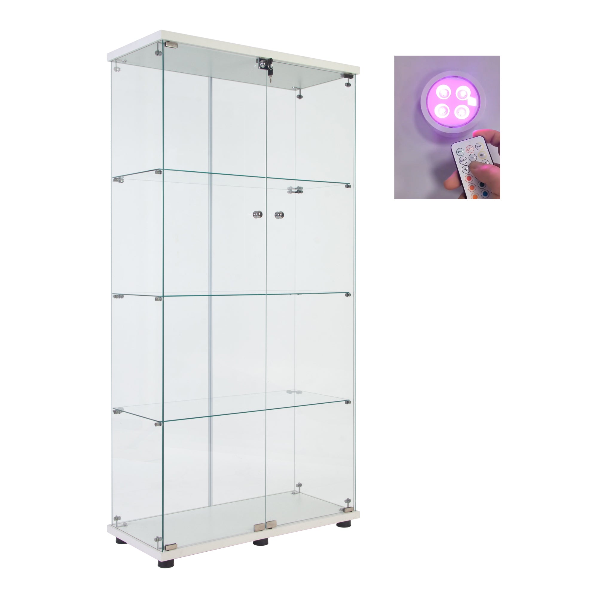 Lighted Two Door Glass Cabinet Glass Display Cabinet with 4 Shelves, White-UH Decor-Default-Urbanheer