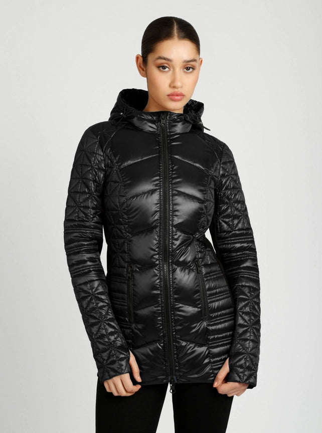 Lightweight Hooded Packable Mid Length Puffer Jls-Puffer Jacket-Blanc Noir-XS-Black-Urbanheer