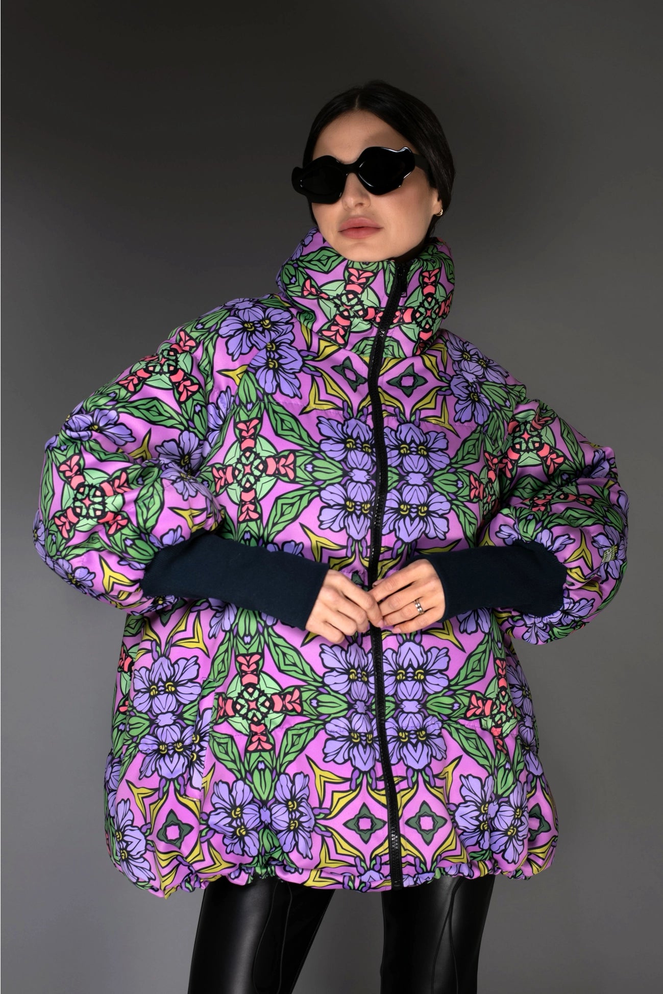 Lilac Art Nouveau Print Stand-Up Collar Puffer Jacket