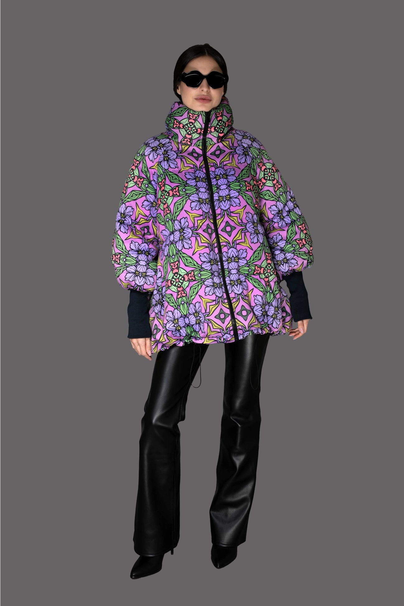Lilac Art Nouveau Print Stand-Up Collar Puffer Jacket