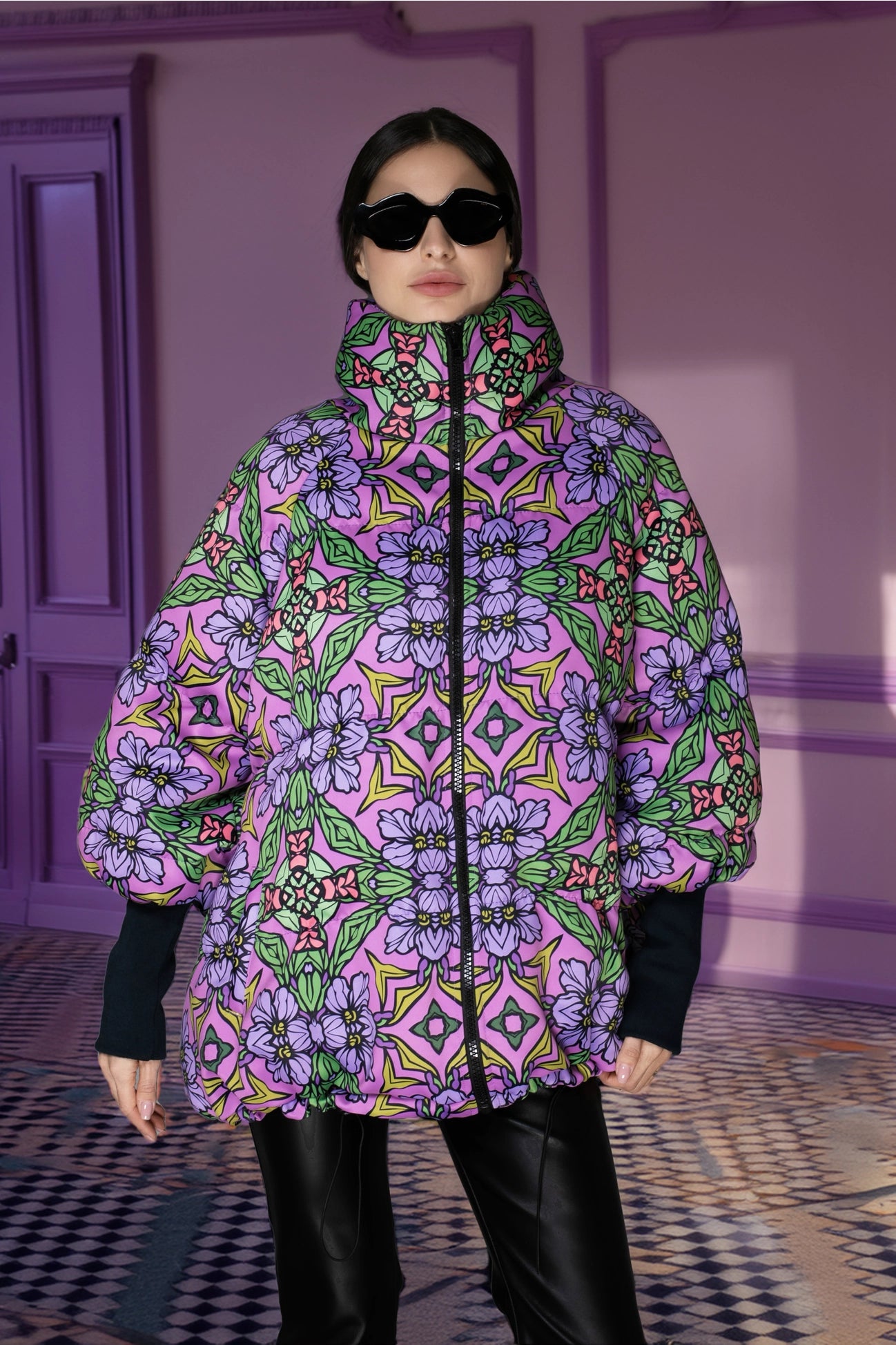 Lilac Art Nouveau Print Stand-Up Collar Puffer Jacket