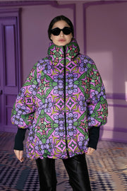 Lilac Art Nouveau Print Stand-Up Collar Puffer Jacket