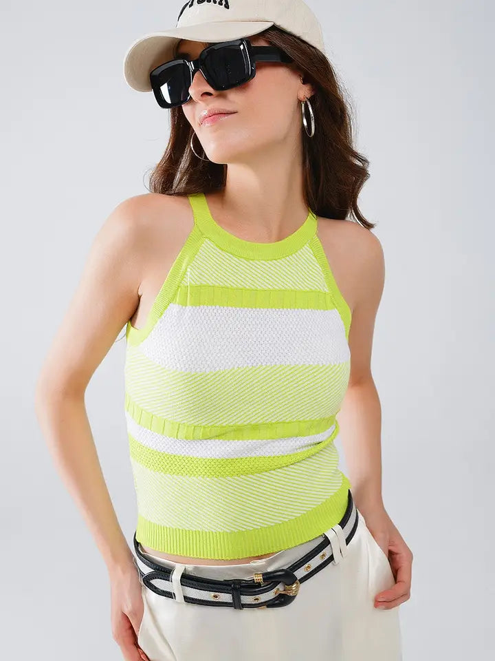 Lime Green Halter Tank Top with Stripe Design in Different Knits-Tank Top-Q2-One Size-Green-Urbanheer