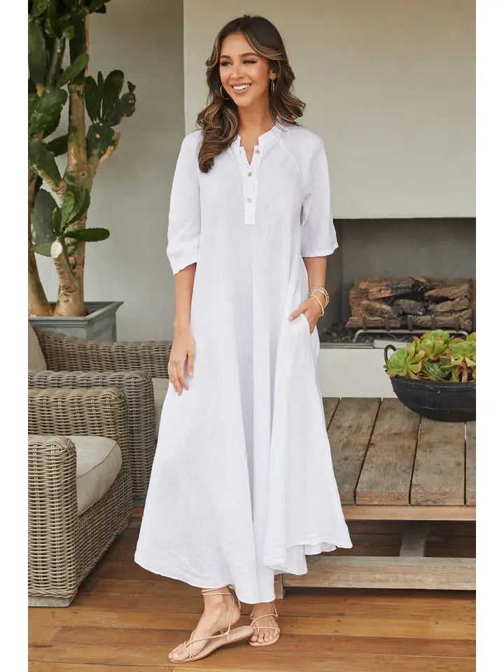 Linen 3/4 Sleeve Maxi Dress-Dress-MILIO MILANO-S-WHITE-Urbanheer