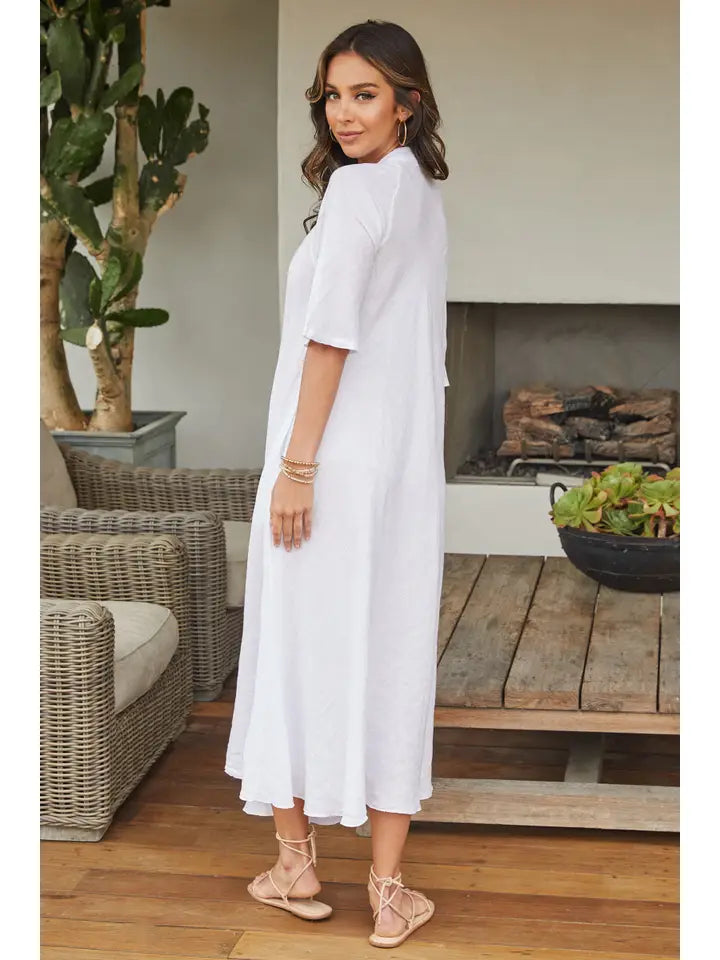 Linen 3/4 Sleeve Maxi Dress-Dress-MILIO MILANO-S-WHITE-Urbanheer
