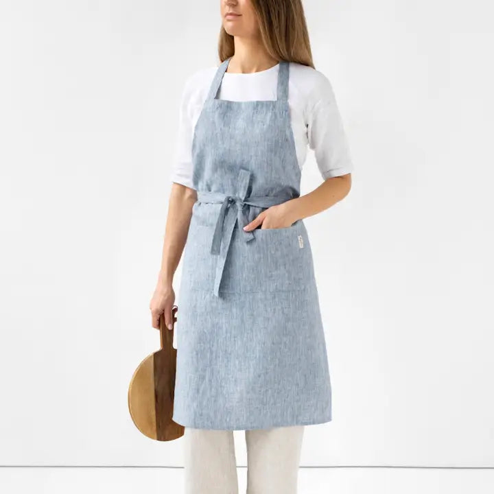 Linen Bib Apron with Pockets in Blue Melange-Aprons-MagicLinen-Blue Melange-one size-Urbanheer