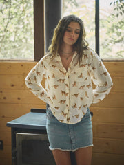 Linen Blend Cheetah Button Up Shirt Blouse-Blouse-Blue B-S-CREAM-Urbanheer