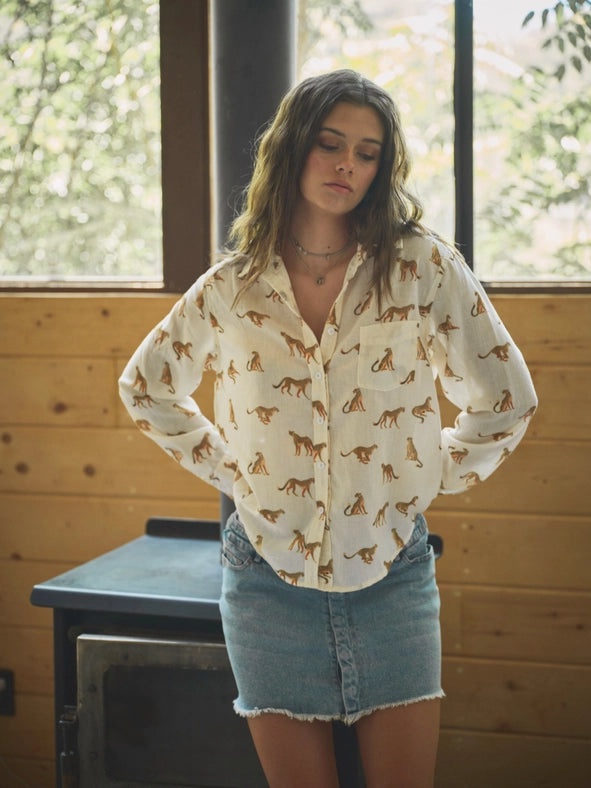 Linen Blend Cheetah Button Up Shirt Blouse-Blouse-Blue B-S-CREAM-Urbanheer