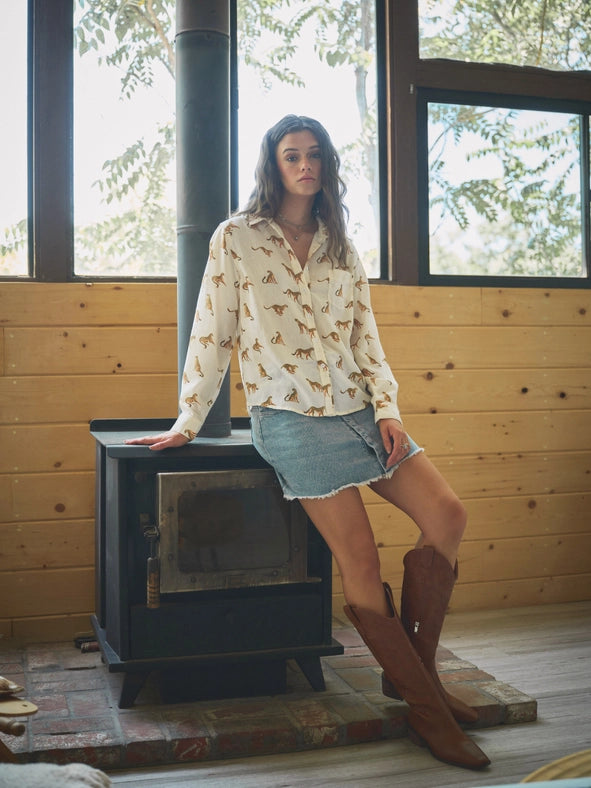 Linen Blend Cheetah Button Up Shirt Blouse-Blouse-Blue B-S-CREAM-Urbanheer