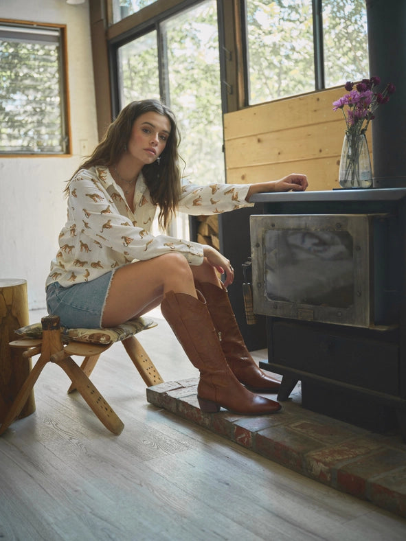Linen Blend Cheetah Button Up Shirt Blouse-Blouse-Blue B-S-CREAM-Urbanheer