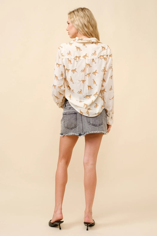 Linen Blend Cheetah Button Up Shirt Blouse-Blouse-Blue B-S-CREAM-Urbanheer