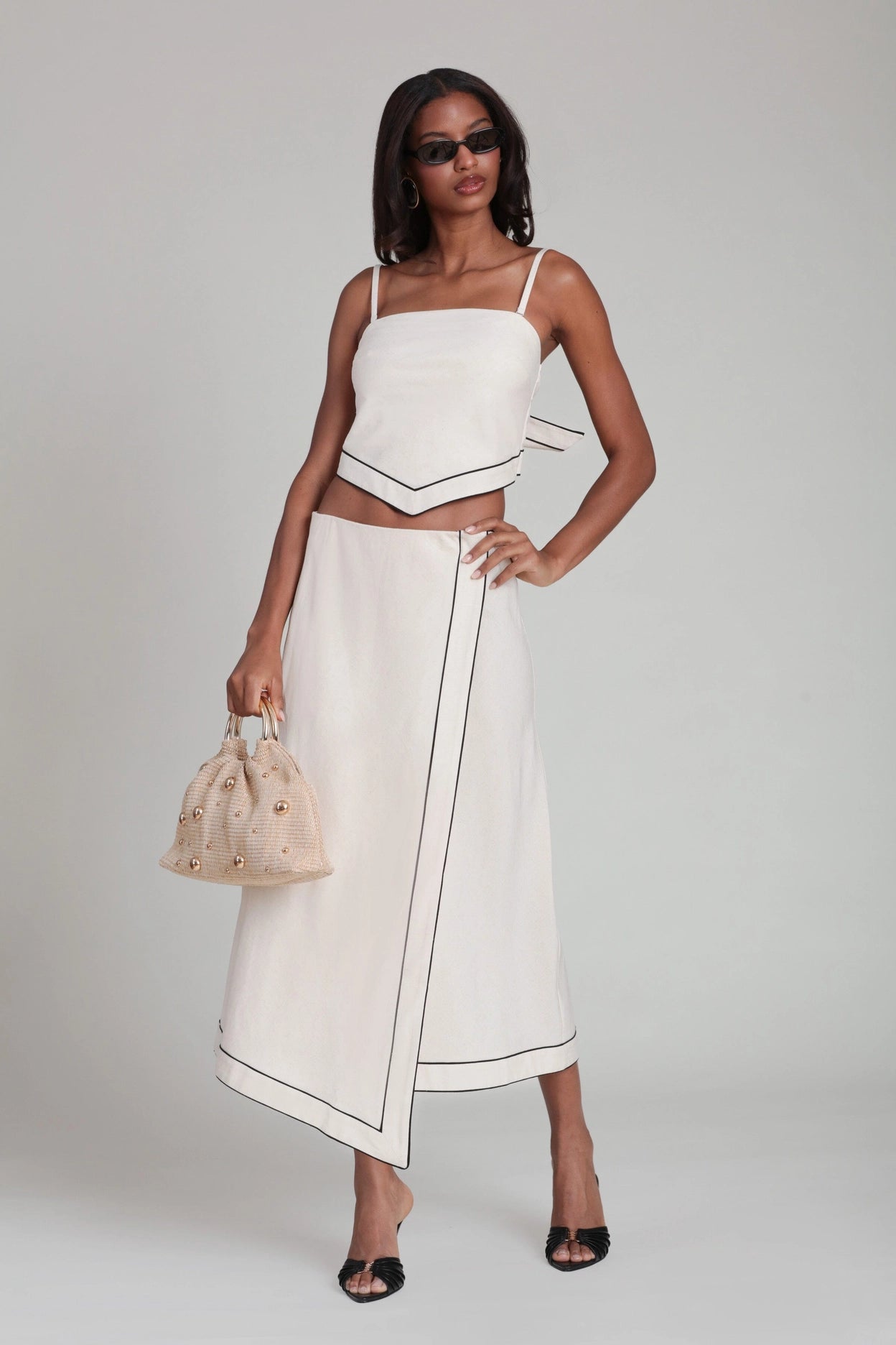 Linen Blend Faux Wrap Maxi Slip Skirt