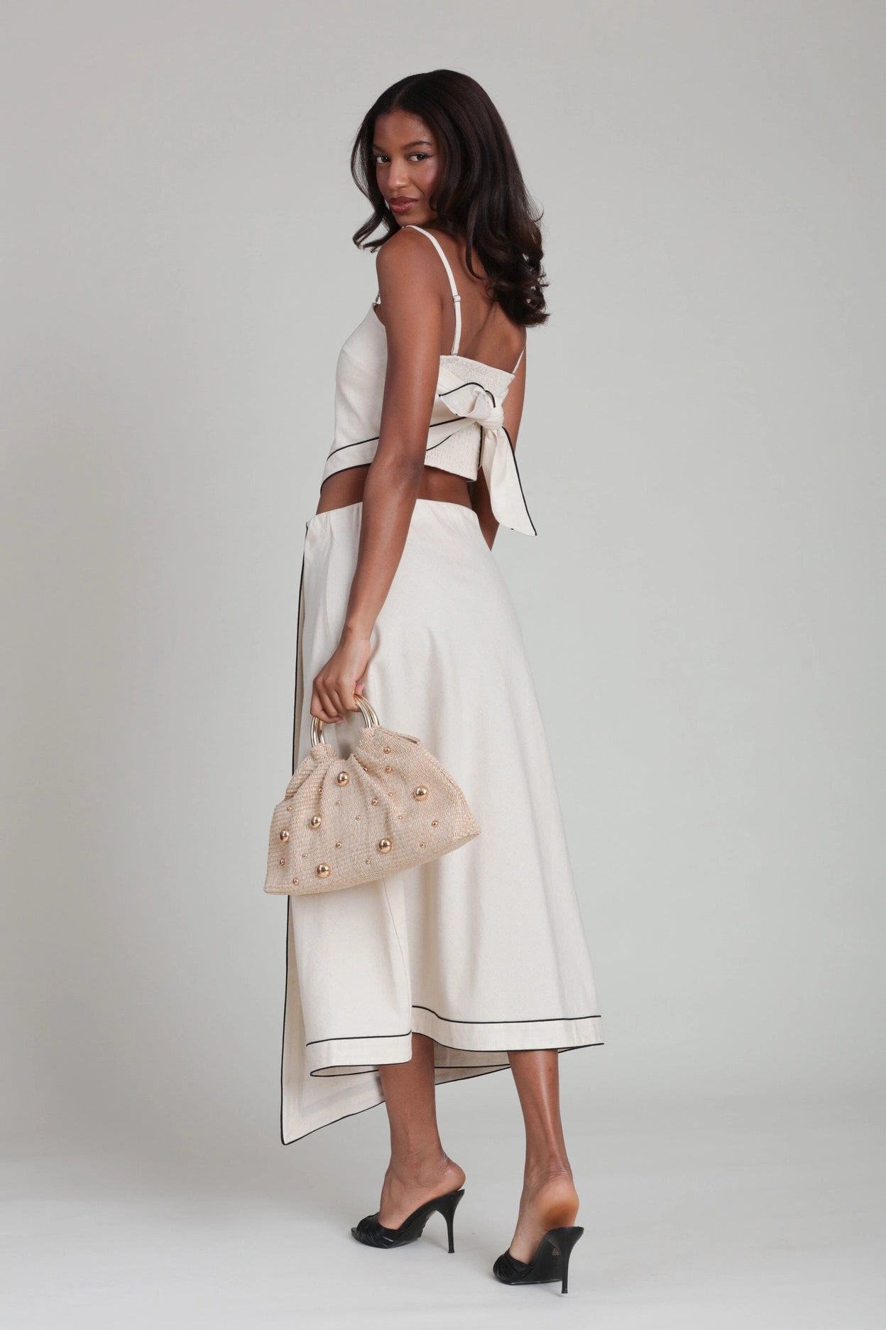 Linen Blend Faux Wrap Maxi Slip Skirt