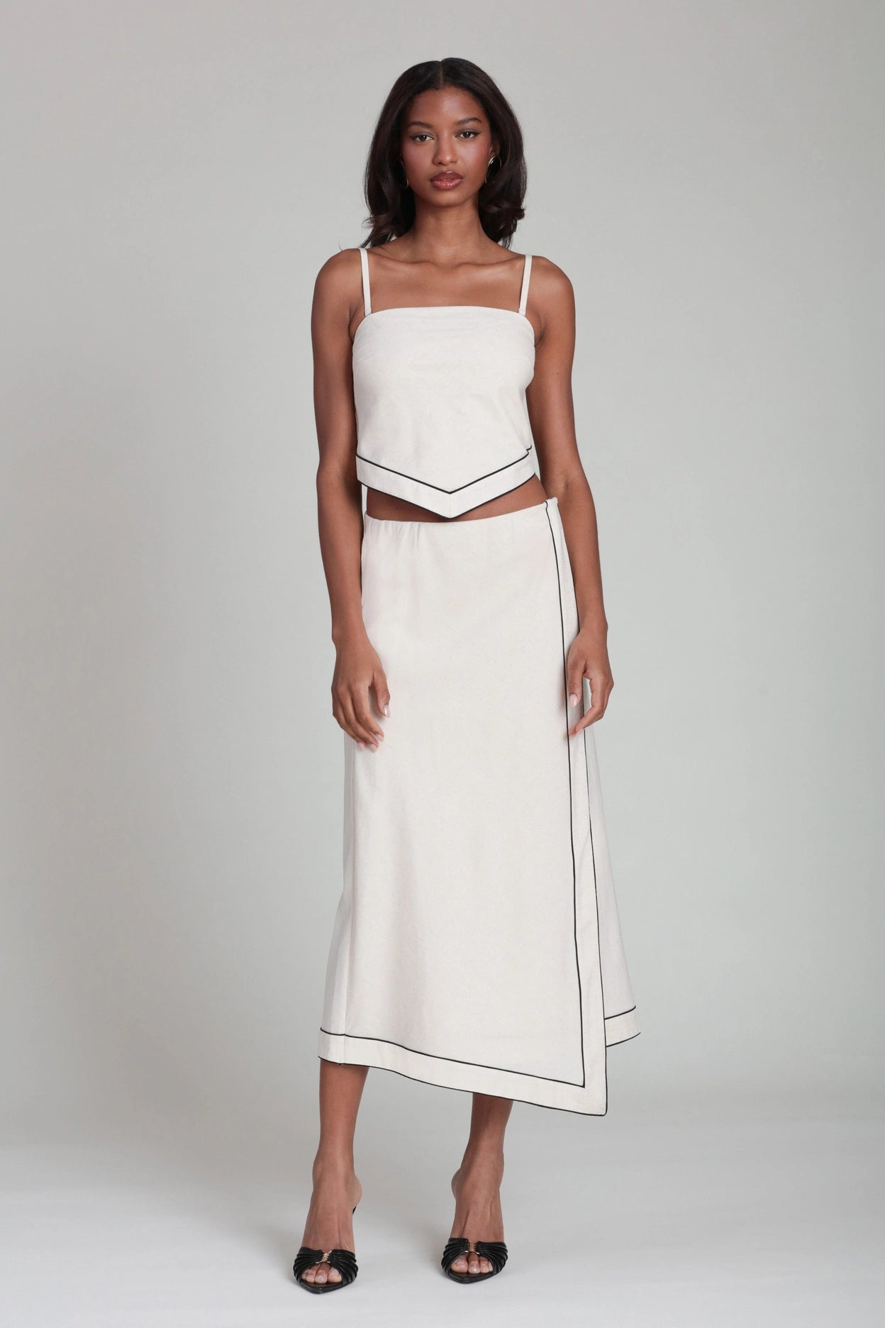 Linen Blend Faux Wrap Maxi Slip Skirt