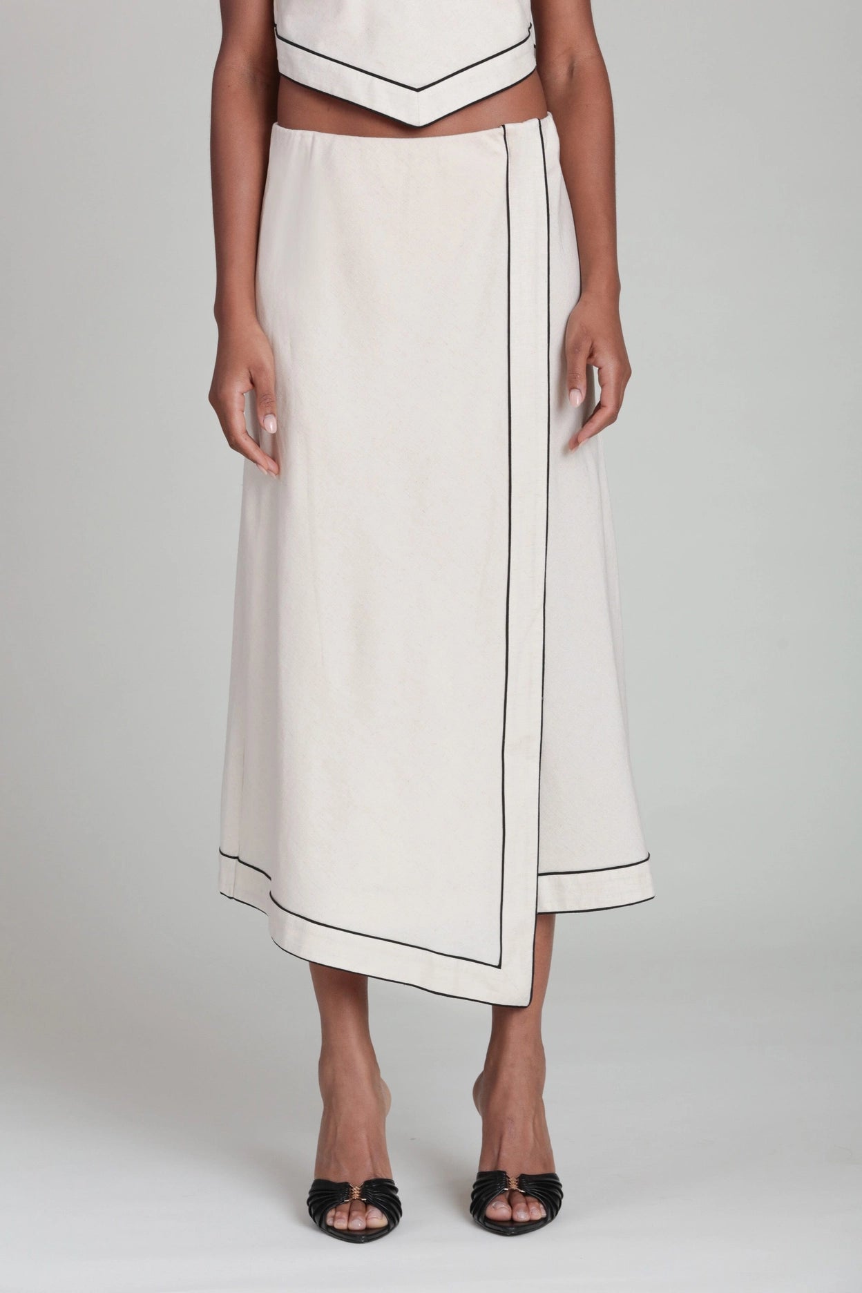 Linen Blend Faux Wrap Maxi Slip Skirt