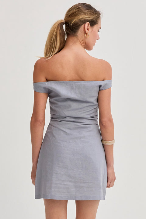 Linen Blend Off Shoulder Side Ruched Mini Dress - Light Blue