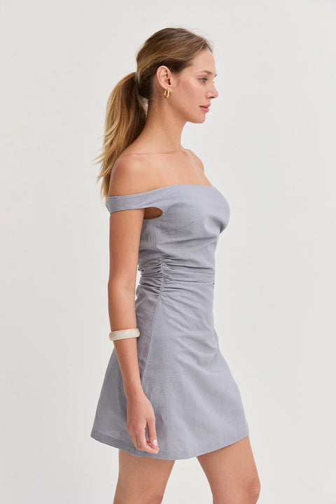 Linen Blend Off Shoulder Side Ruched Mini Dress - Light Blue